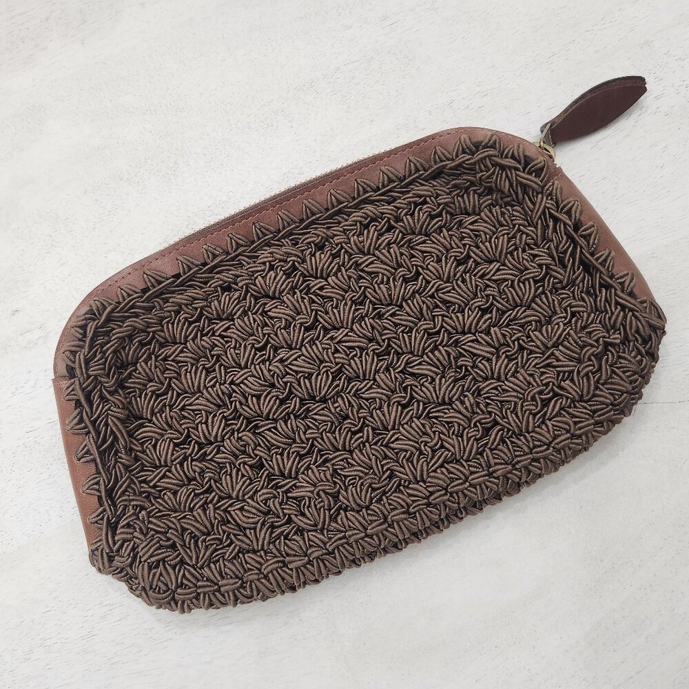 Vintage Carrie Forbes Brown Macrame with Leather Trim Clutch